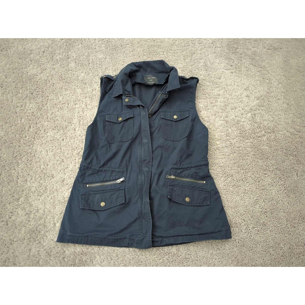 Love‎ Tree Vest Womens L Navy Zip Up Utility Pockets Elastic Waist Outdoor
